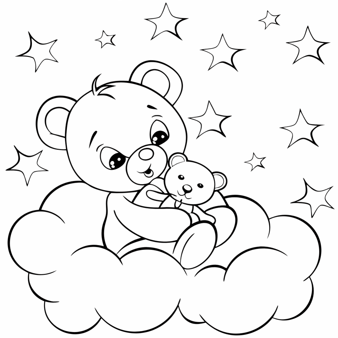 Larger Bear Tenderly Embracing Smaller Bear, Bear Coloring Pages, Bear Colouring Sheets, A baby bear cuddling a stuffed animal, Bear Colouring Sheets