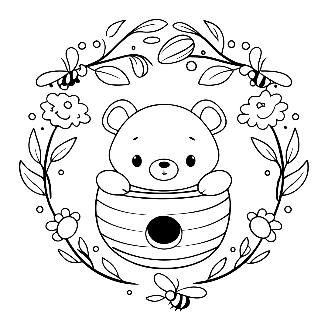 Bear Coloring Pages, pooh bear coloring page, A curious Pooh Bear peeking into a honey pot