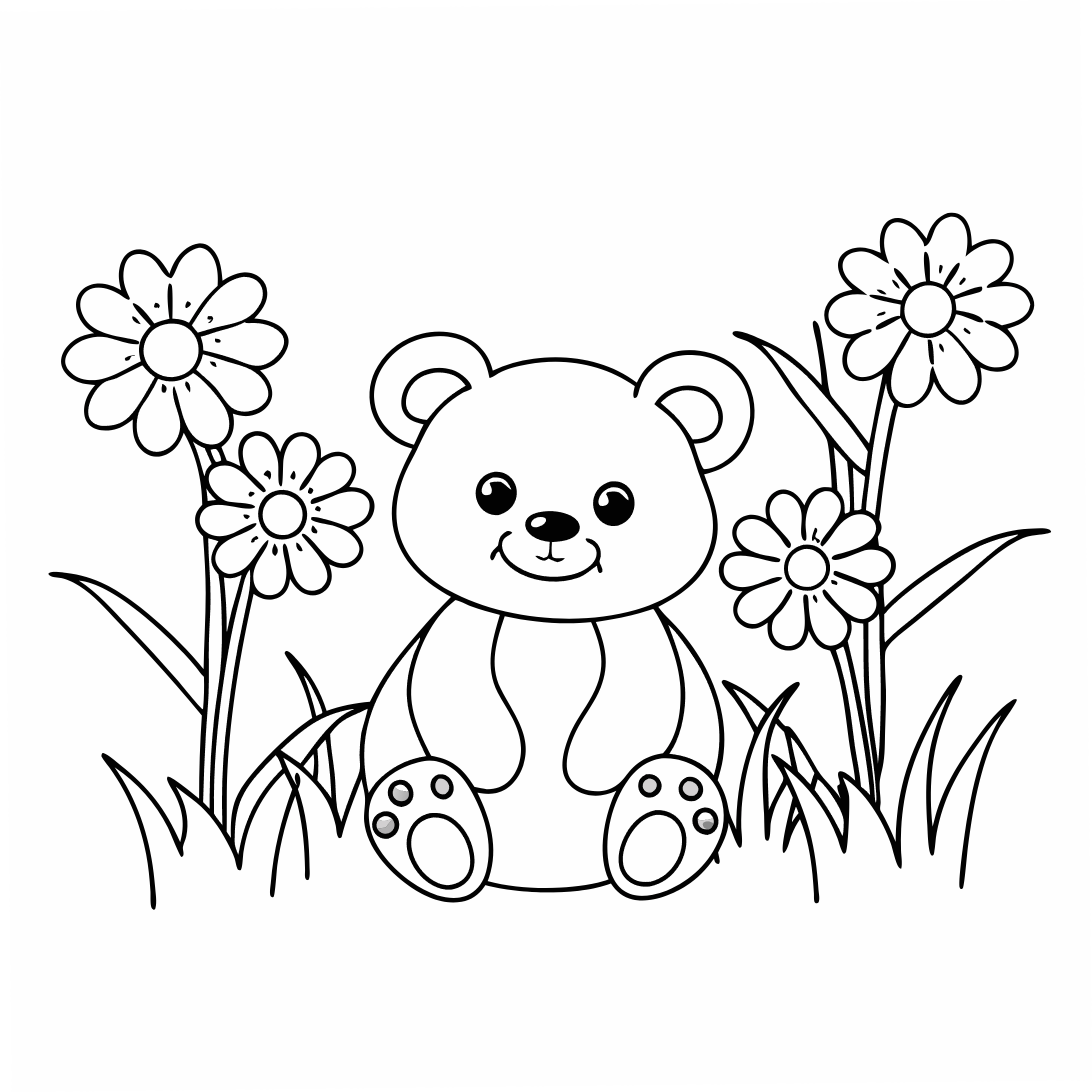 Cute friendly bear with flowers, Bear Coloring Pages,