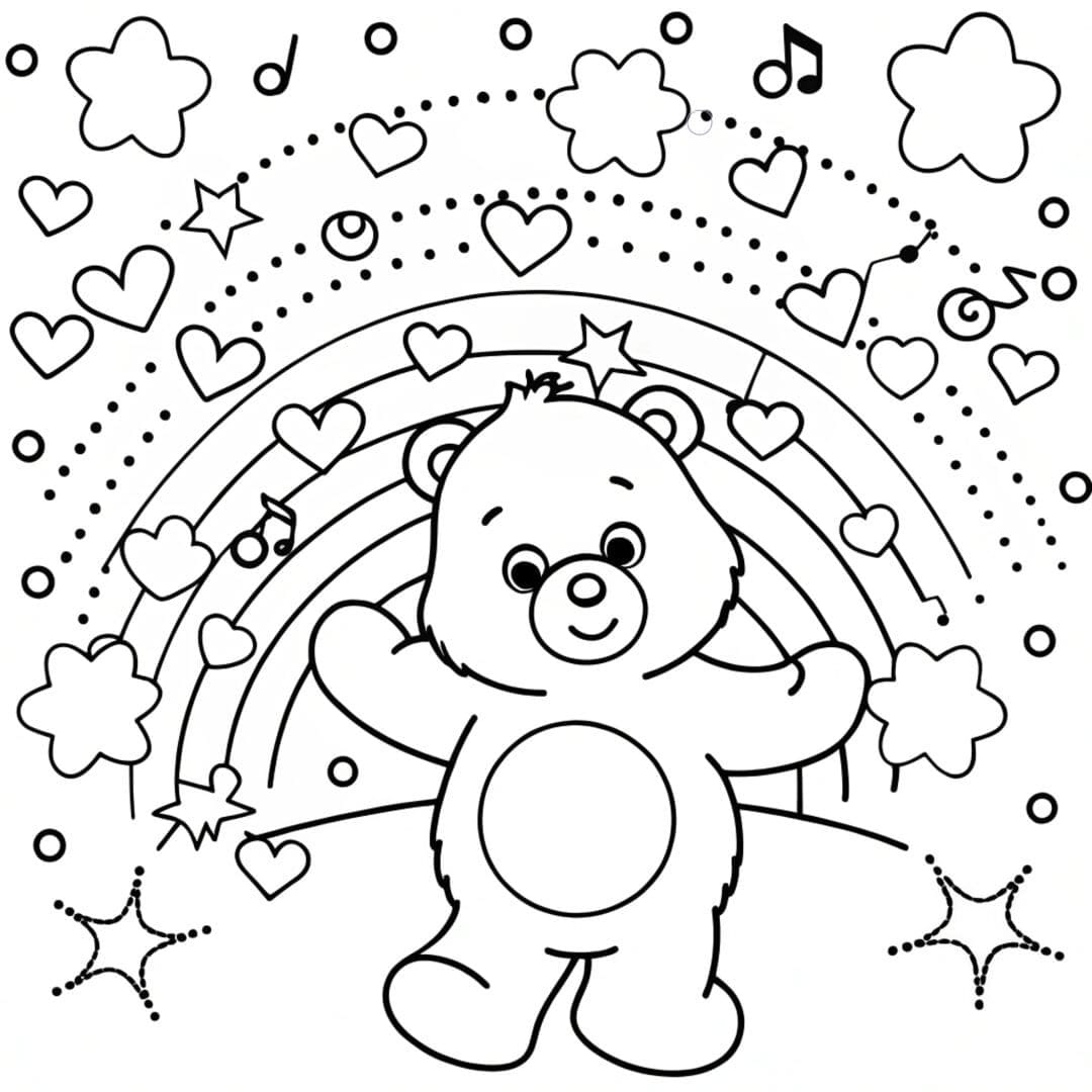 Bear Coloring Pages, A dancing Care Bear surrounded by music notes