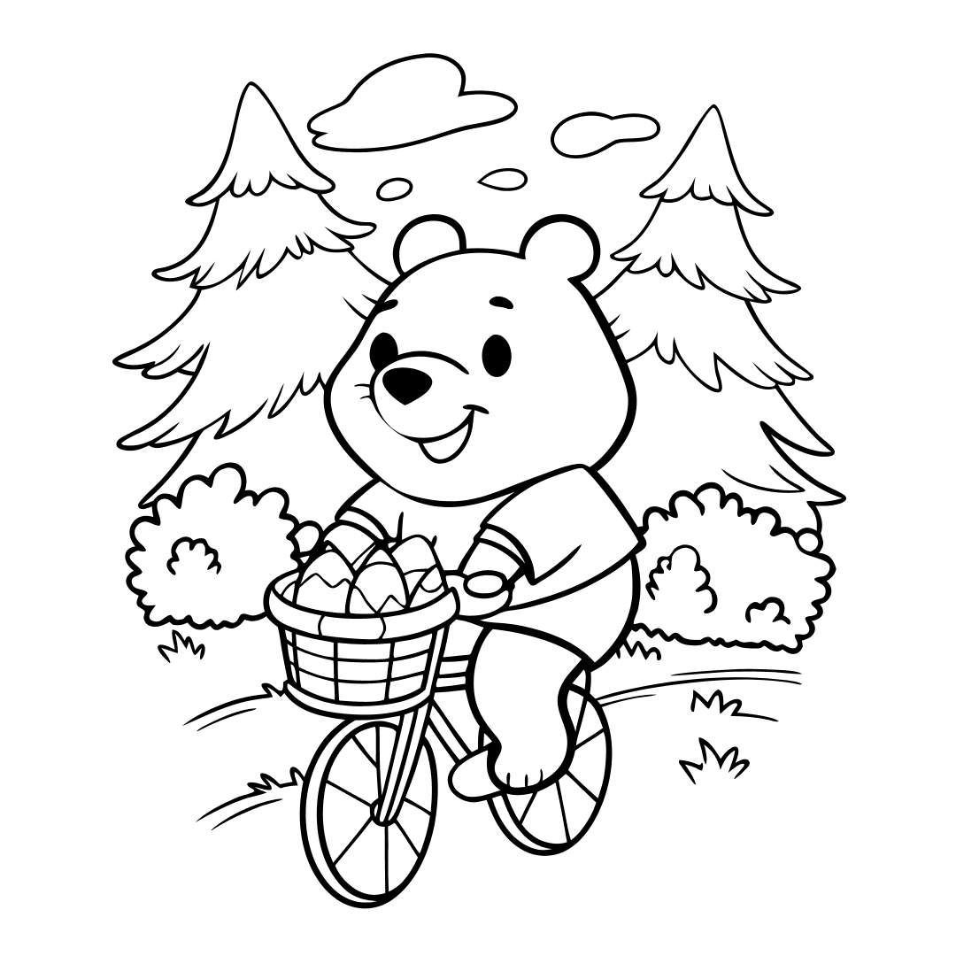 Bear Coloring Pages, pooh bear coloring page, A happy Pooh Bear riding a bicycle with a basket