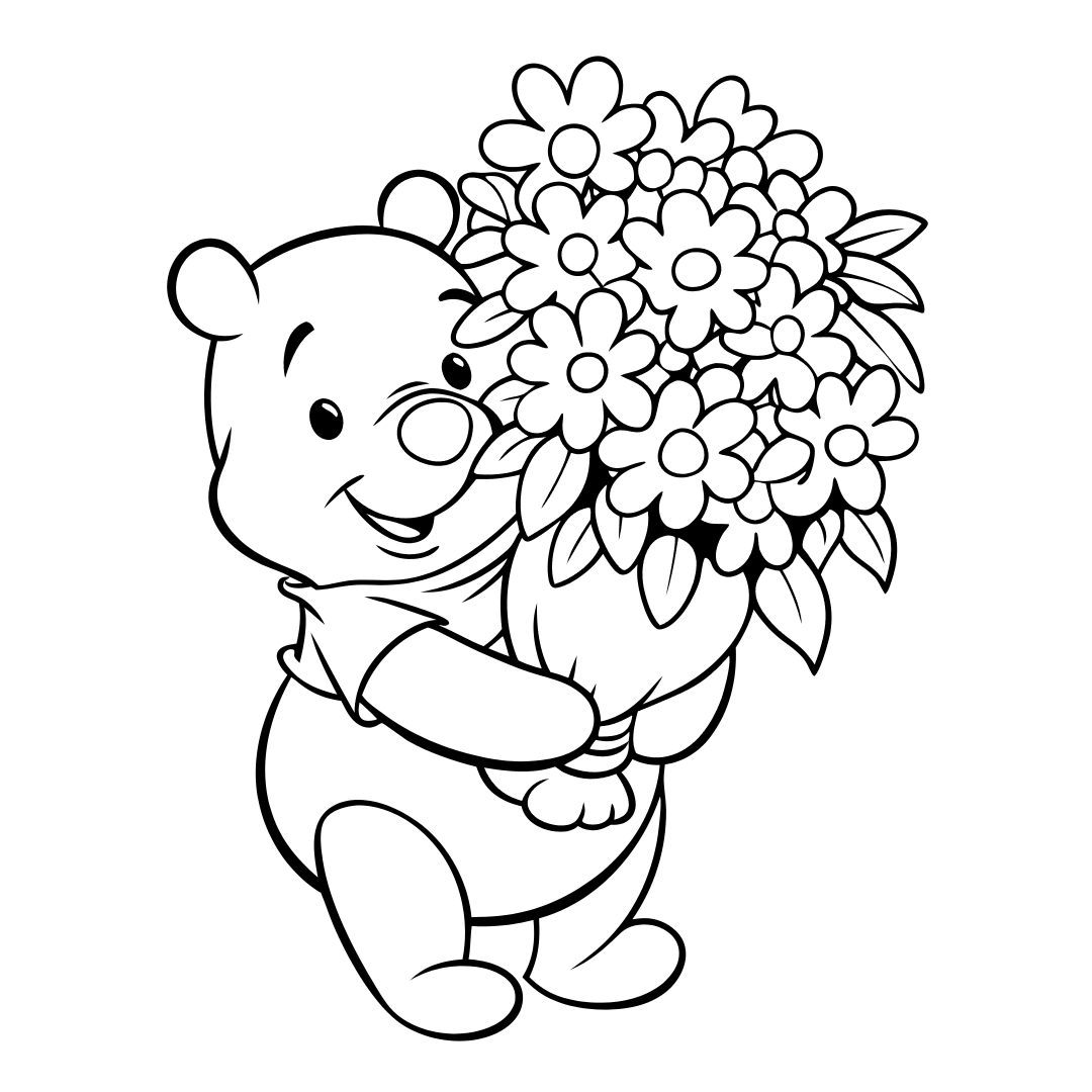 Bear Coloring Pages, pooh bear coloring page, A joyful Pooh Bear holding a large bouquet of flowers