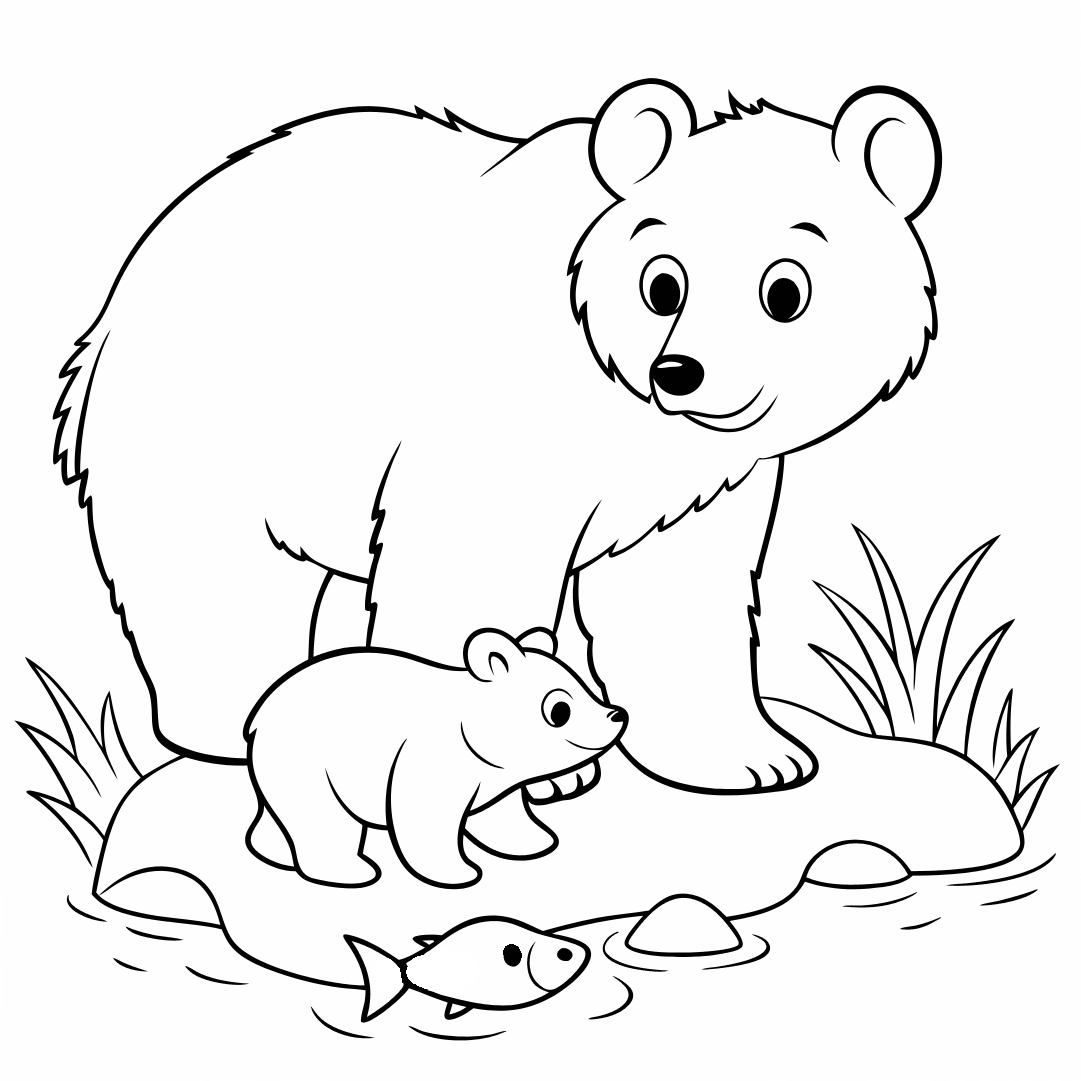 Mother Bear With Smaller Bear Cub, Bear Coloring Pages, Bear Colouring Sheets, mother bear and her cub, fishing