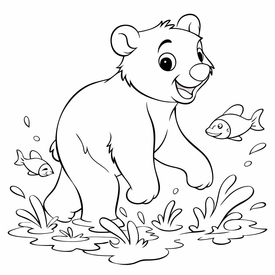 Bear With Joyful Expression, Bear Coloring Pages, Bear Colouring Sheets, A playful bear splashing in a river