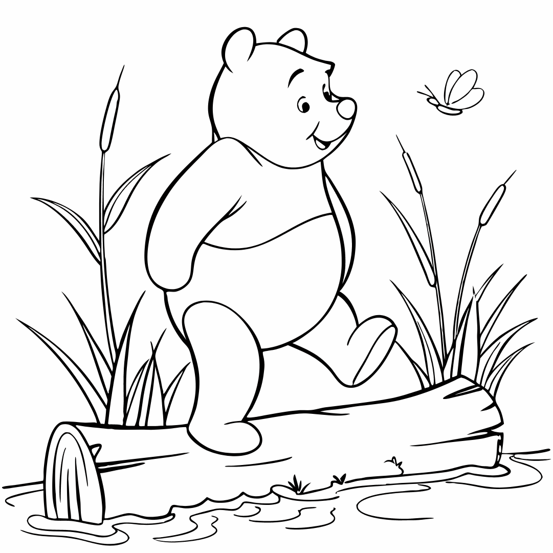 Bear Coloring Pages, pooh bear coloring page, A playful Pooh Bear balancing on a log over a stream