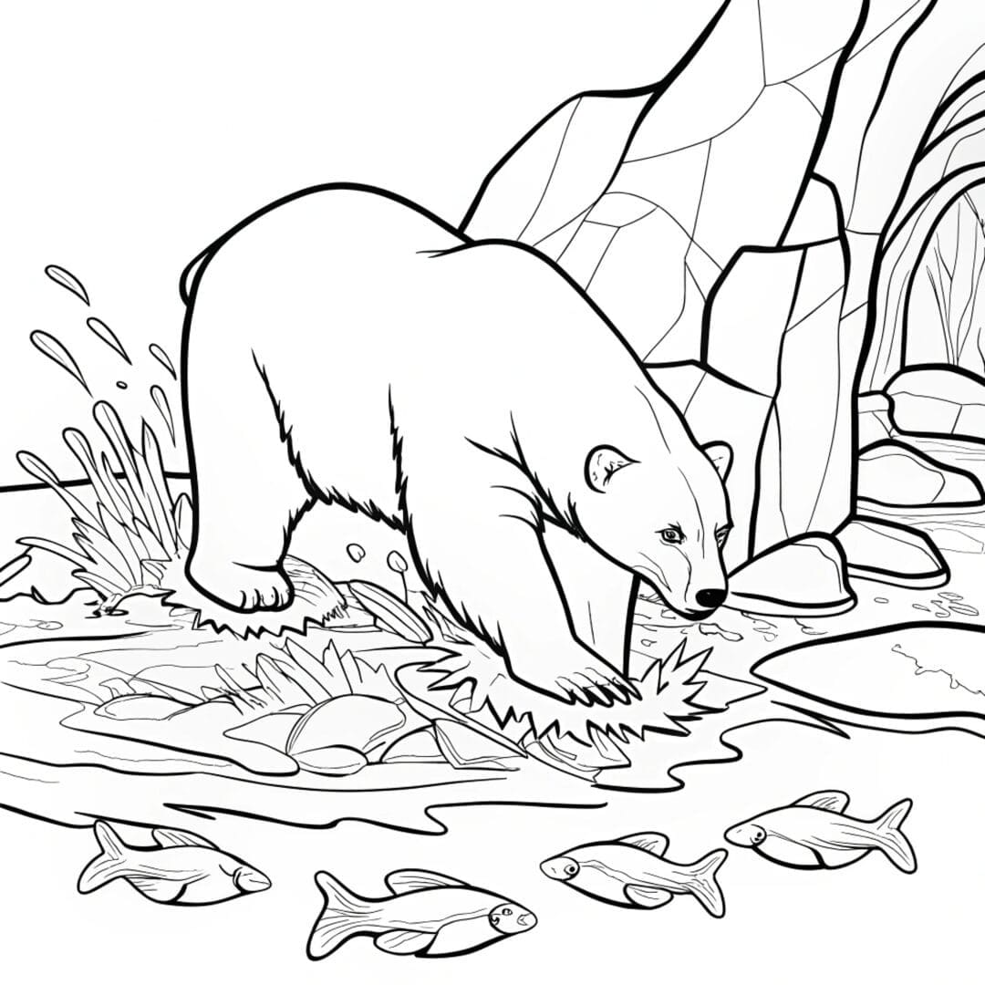 Friendly black and white line polar bear, Bear Coloring Pages, Bear Colouring Sheets, A polar bear diving into icy water