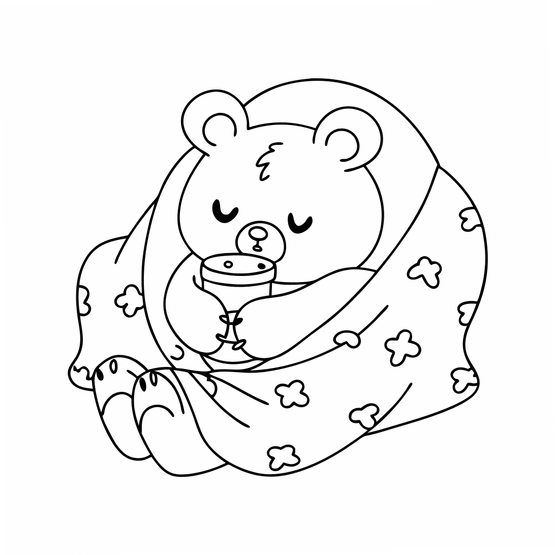 A sleepy bear cub wrapped in a blanket, Bear Coloring Pages, Bear Colouring Sheets, A sleepy bear cub wrapped in a blanket