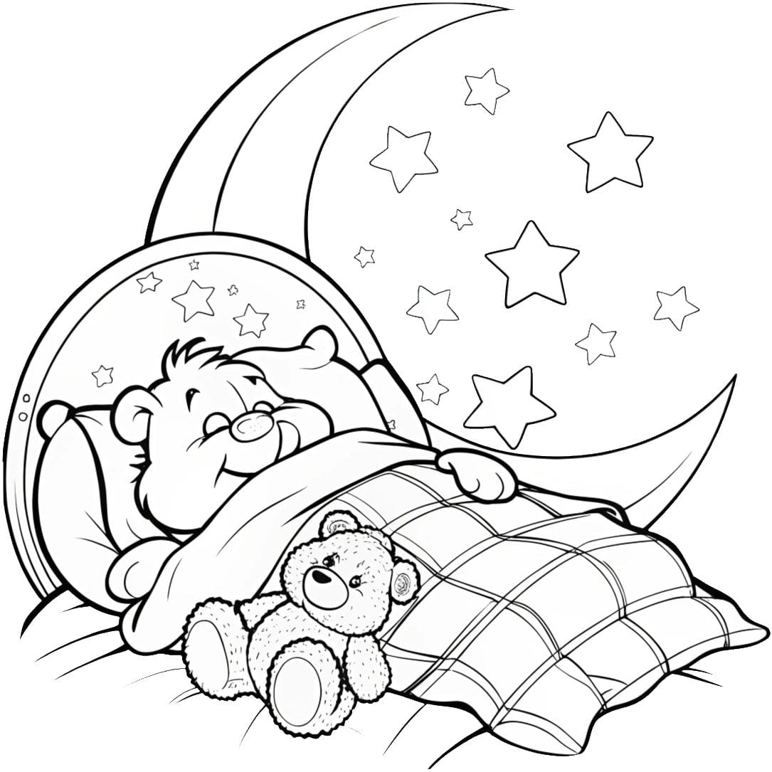 Bear Coloring Pages, A sleepy Care Bear cuddling with a teddy bear