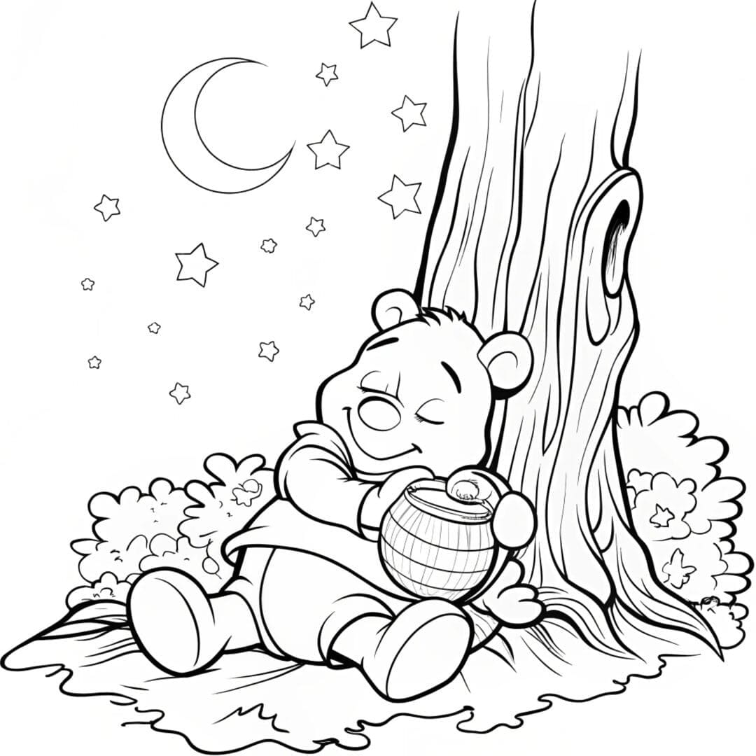 Bear Coloring Pages, pooh bear coloring page, A sleepy Pooh Bear resting against a tree trunk