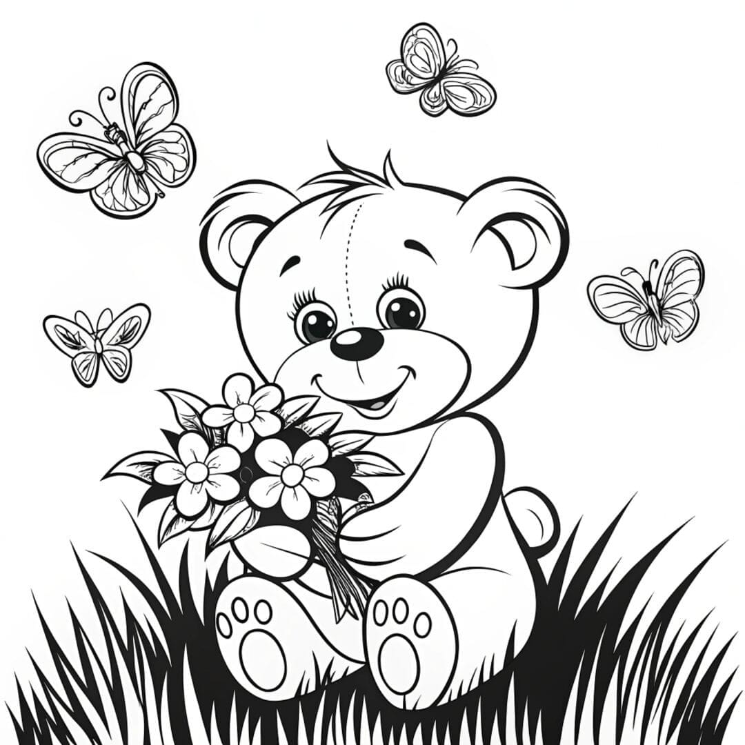 Bear Coloring Pages, teddy bear coloring page, A teddy bear holding a bouquet of flowers