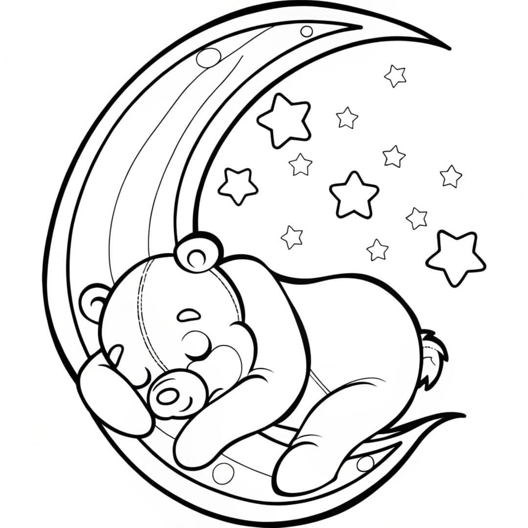 Peaceful Sleeping Cartoon Bear, Bear Coloring Pages, Bear Colouring Sheets, A whimsical bear sleeping under a crescent moon, Bear Colouring Sheets