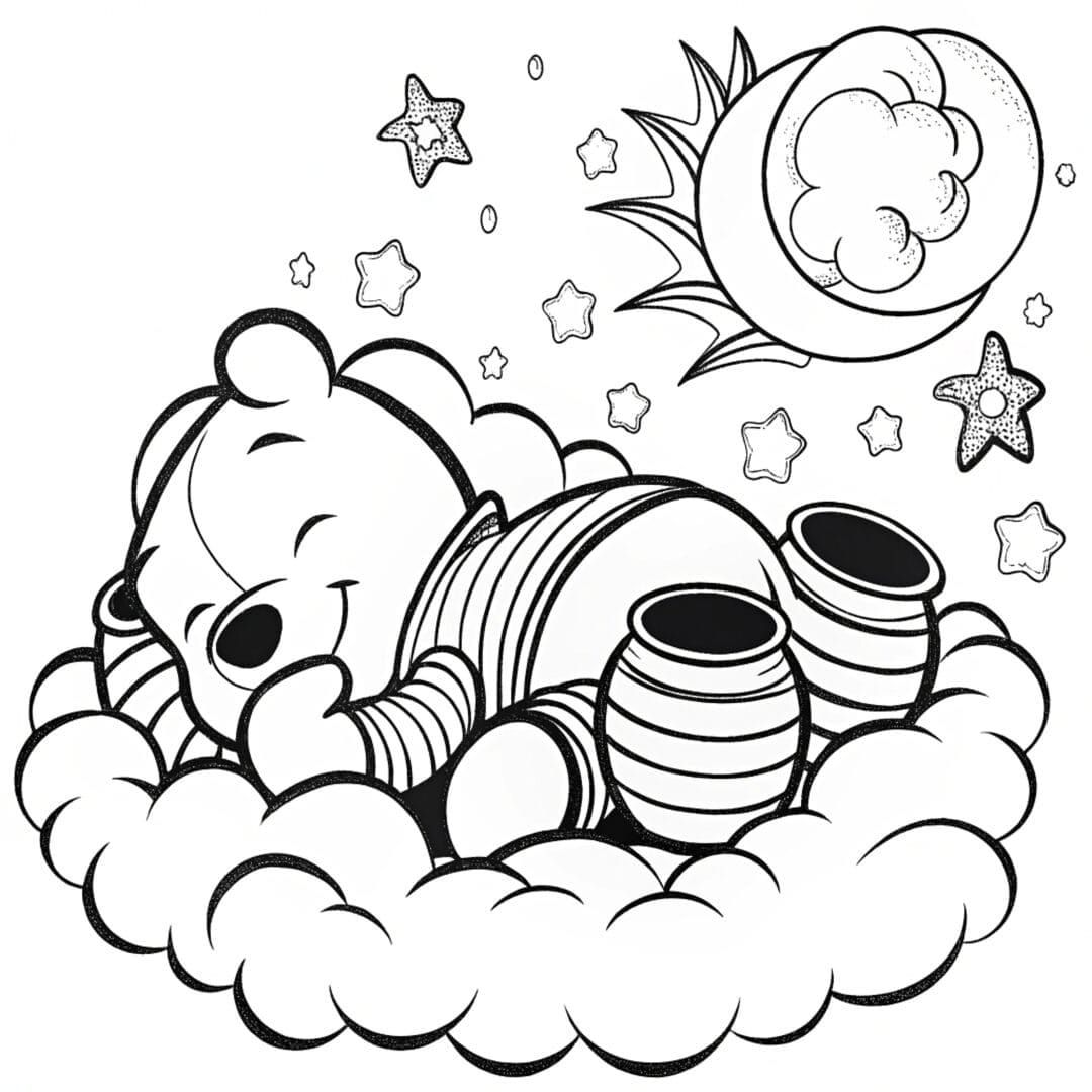 Bear Coloring Pages, pooh bear coloring page, A whimsical Pooh Bear lying on a soft cloud
