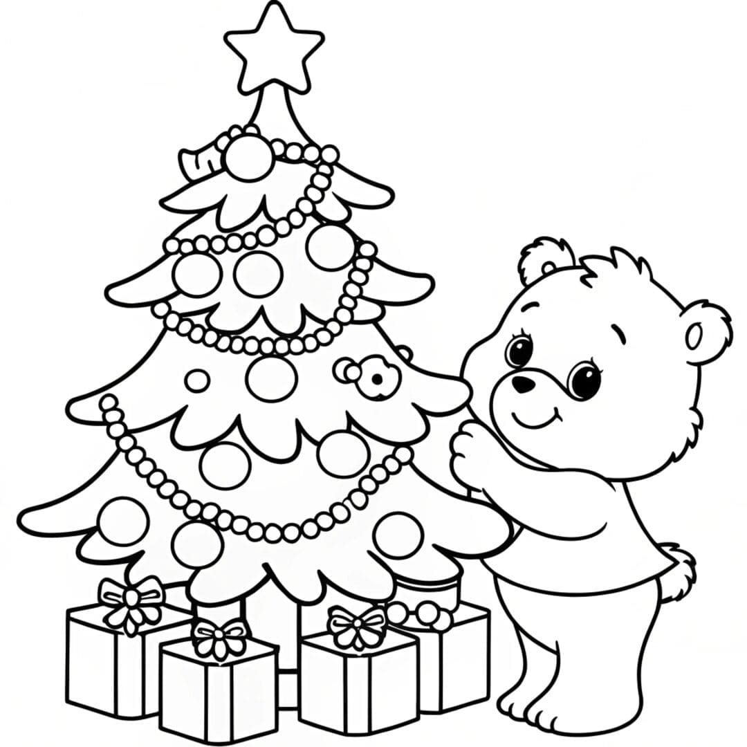 Bear Coloring Pages, Care Bear decorating a Christmas tree