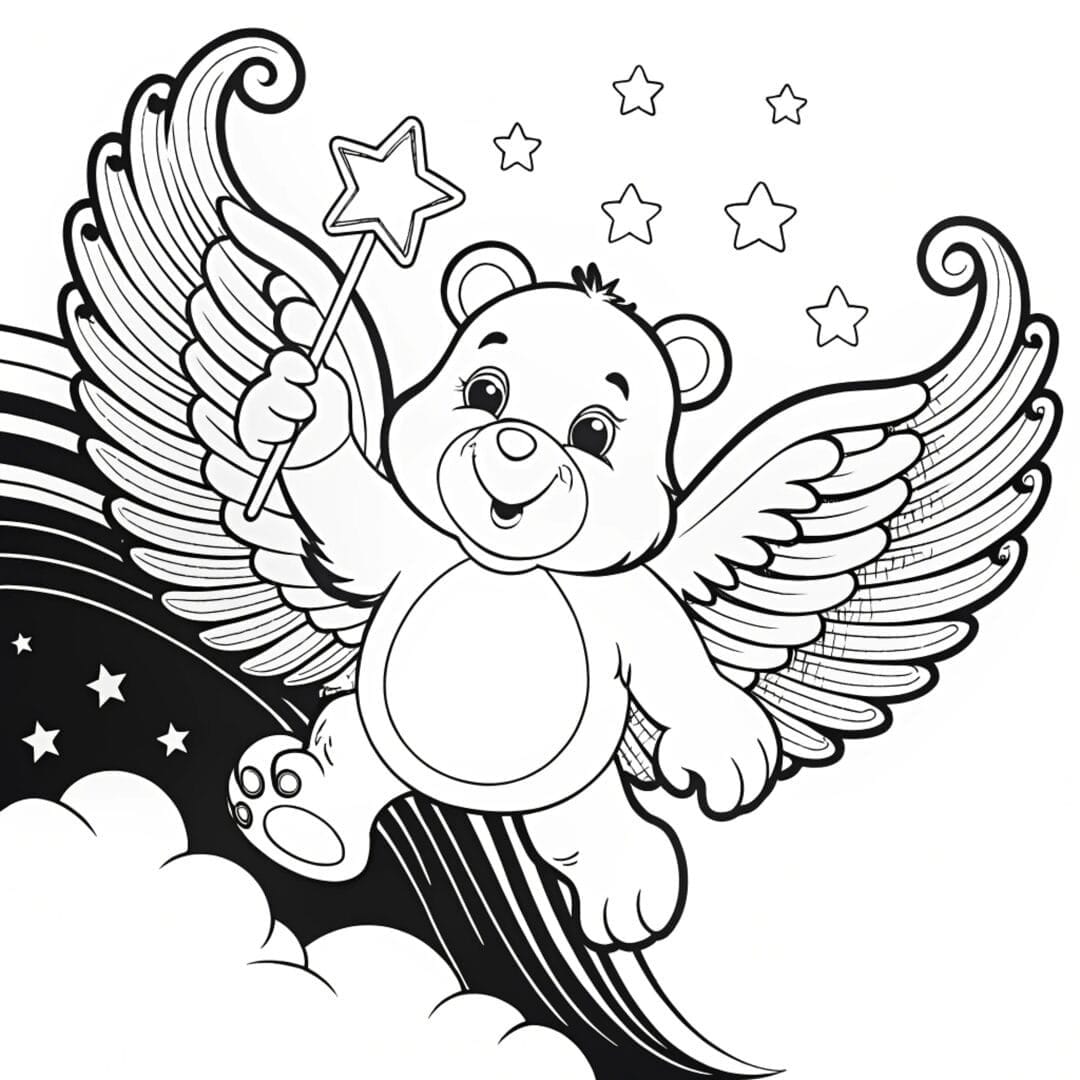 Bear Coloring Pages, Care Bear flying with angel wings