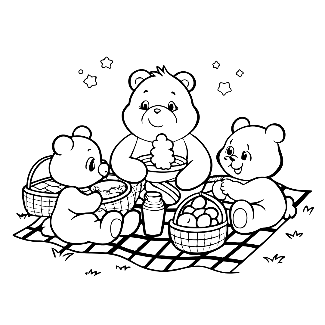 Bear Coloring Pages, Care Bear having a picnic with friends