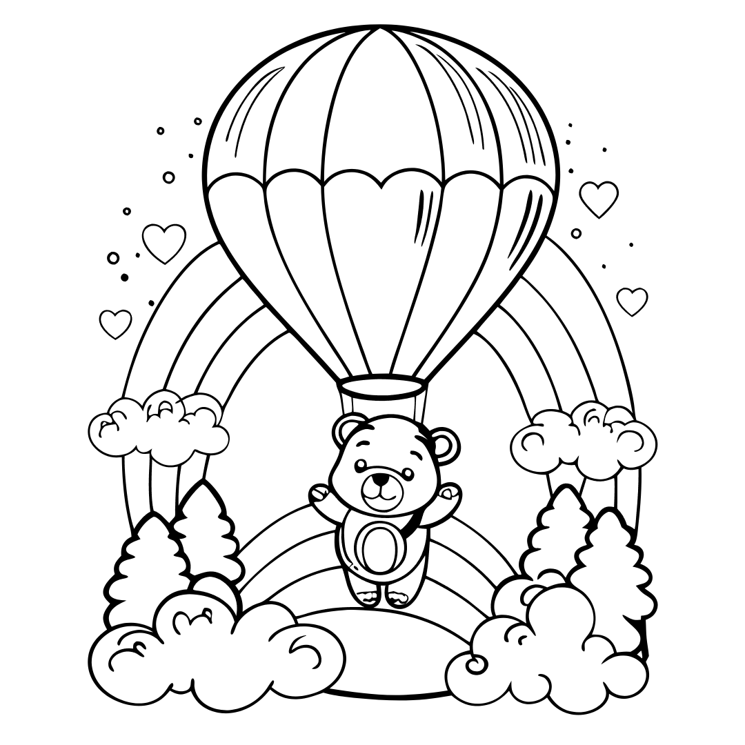 Bear Coloring Pages, Care Bear in a hot air balloon