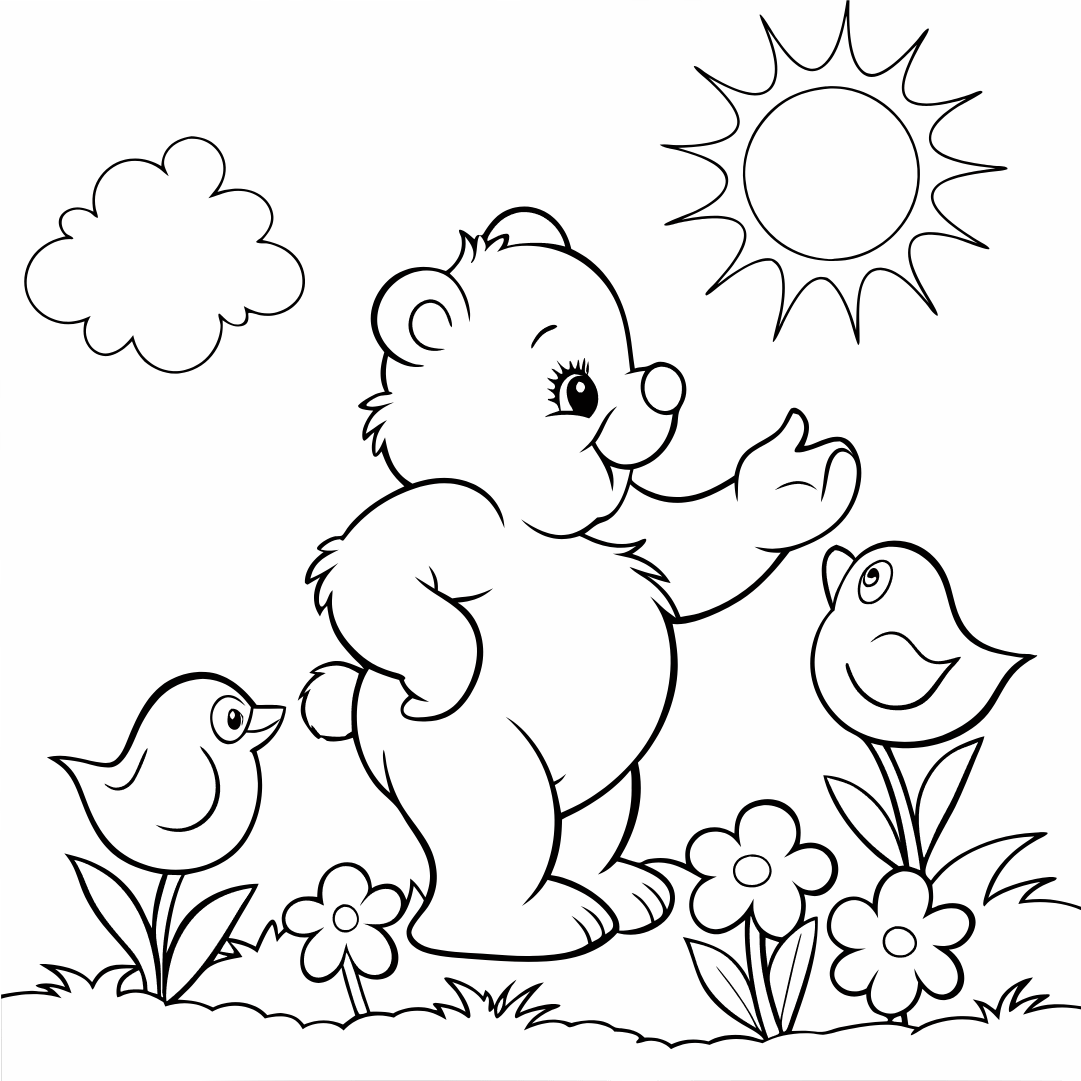 Bear Coloring Pages, Care Bear playing with a group of birds