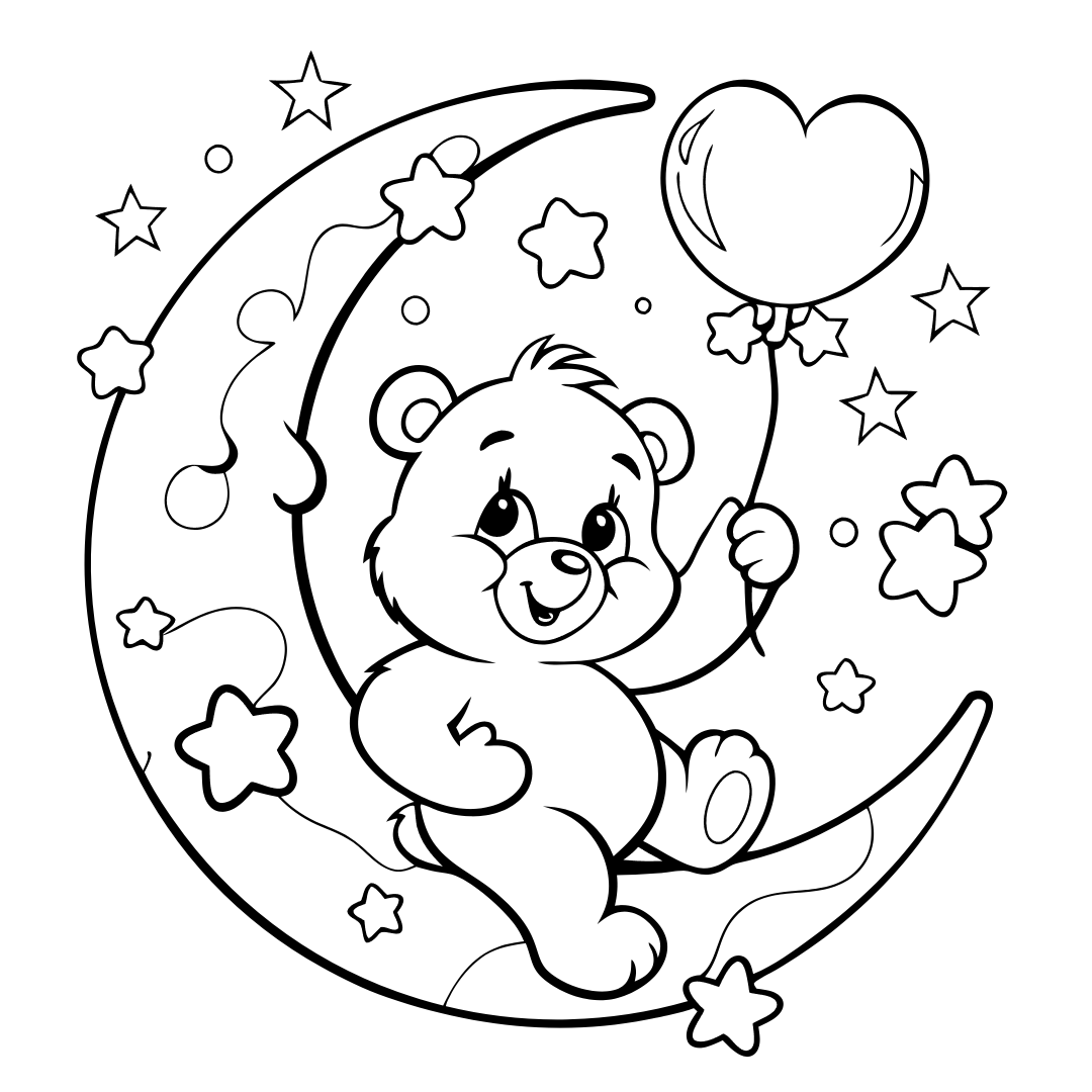 Bear Coloring Pages, Care Bear sitting on a crescent moon
