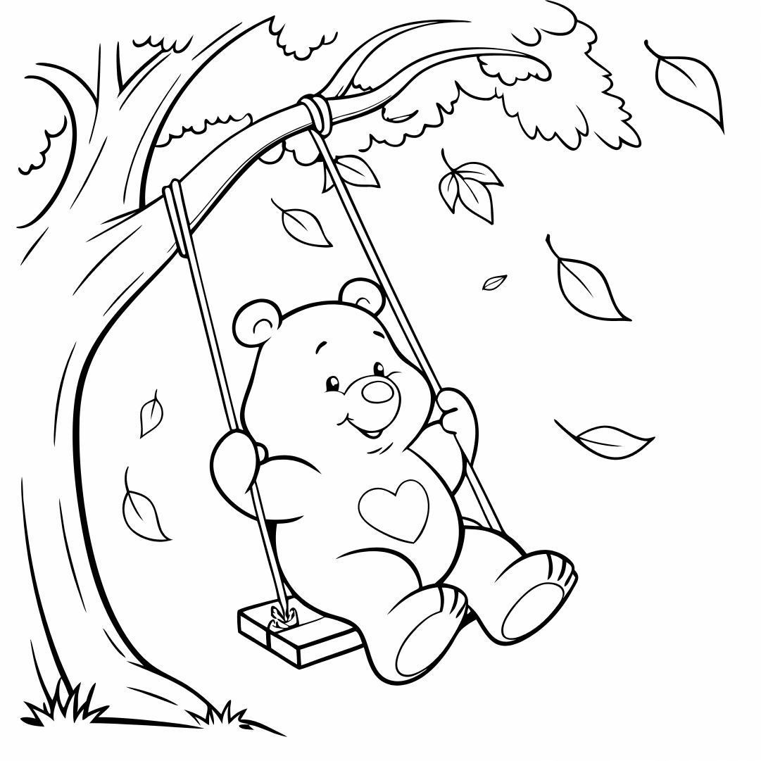 Bear Coloring Pages, Care Bear sitting on a swing tied