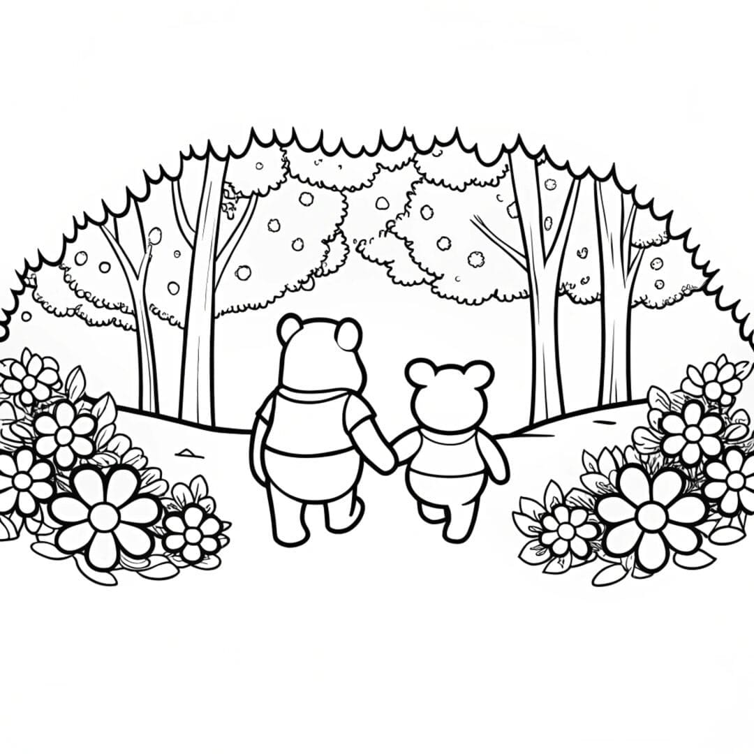 Bear Coloring Pages, pooh bear coloring page, Pooh Bear and Piglet walking hand in hand through a forest path