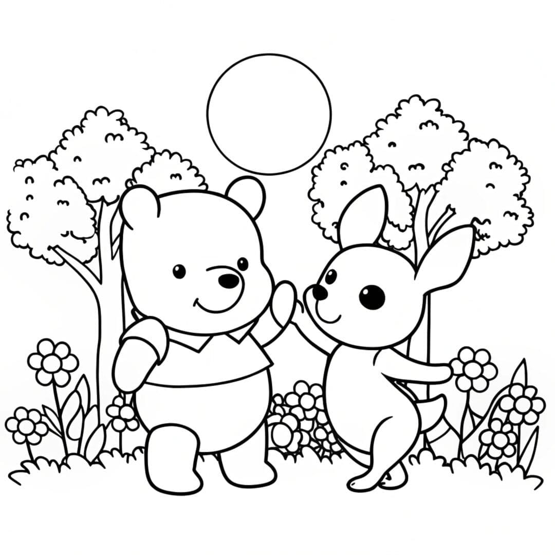 Bear Coloring Pages, pooh bear coloring page, Pooh Bear and Roo playing with a ball in a meadow