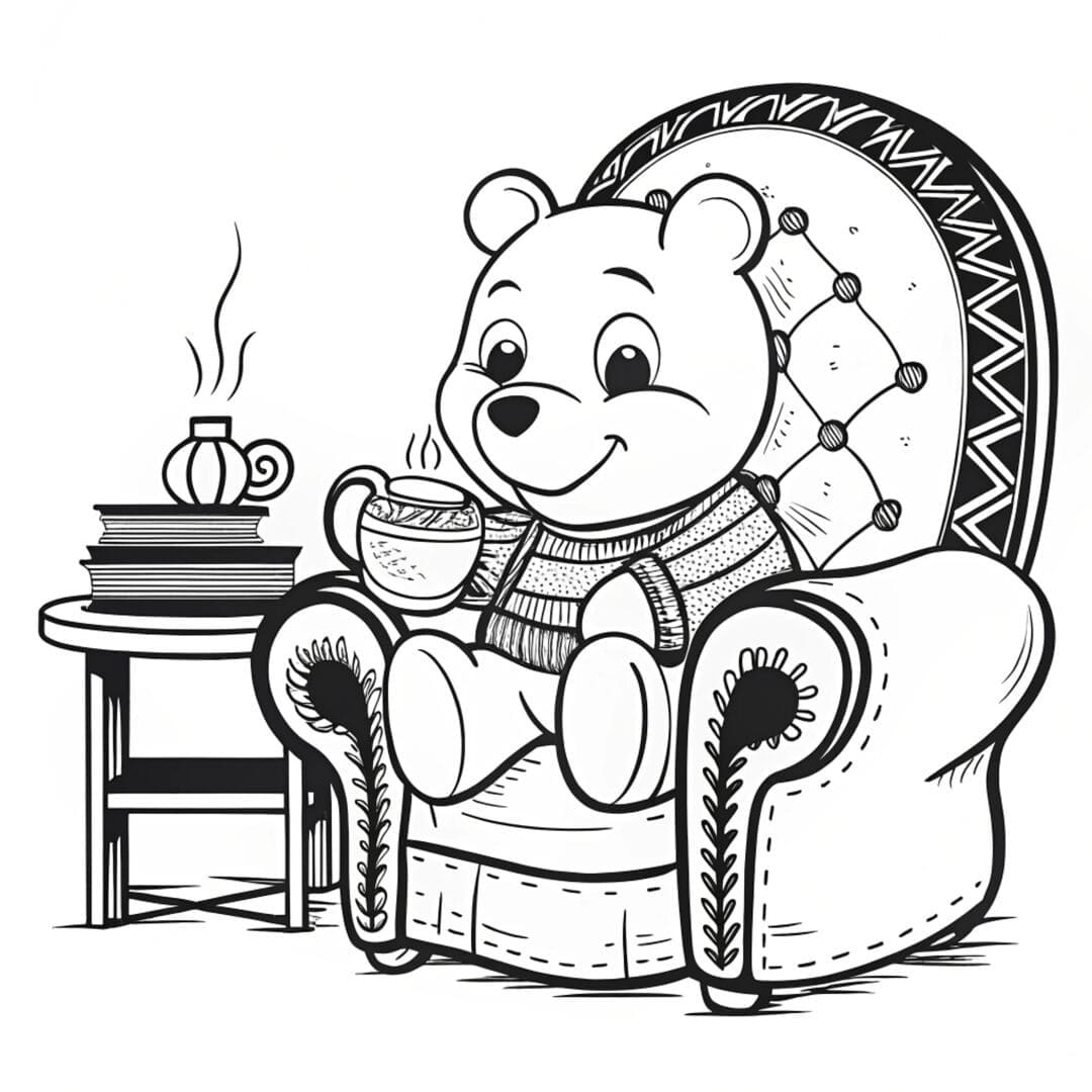 Bear Coloring Pages, pooh bear coloring page, Pooh Bear enjoying a cup of honey tea on a cozy armchair