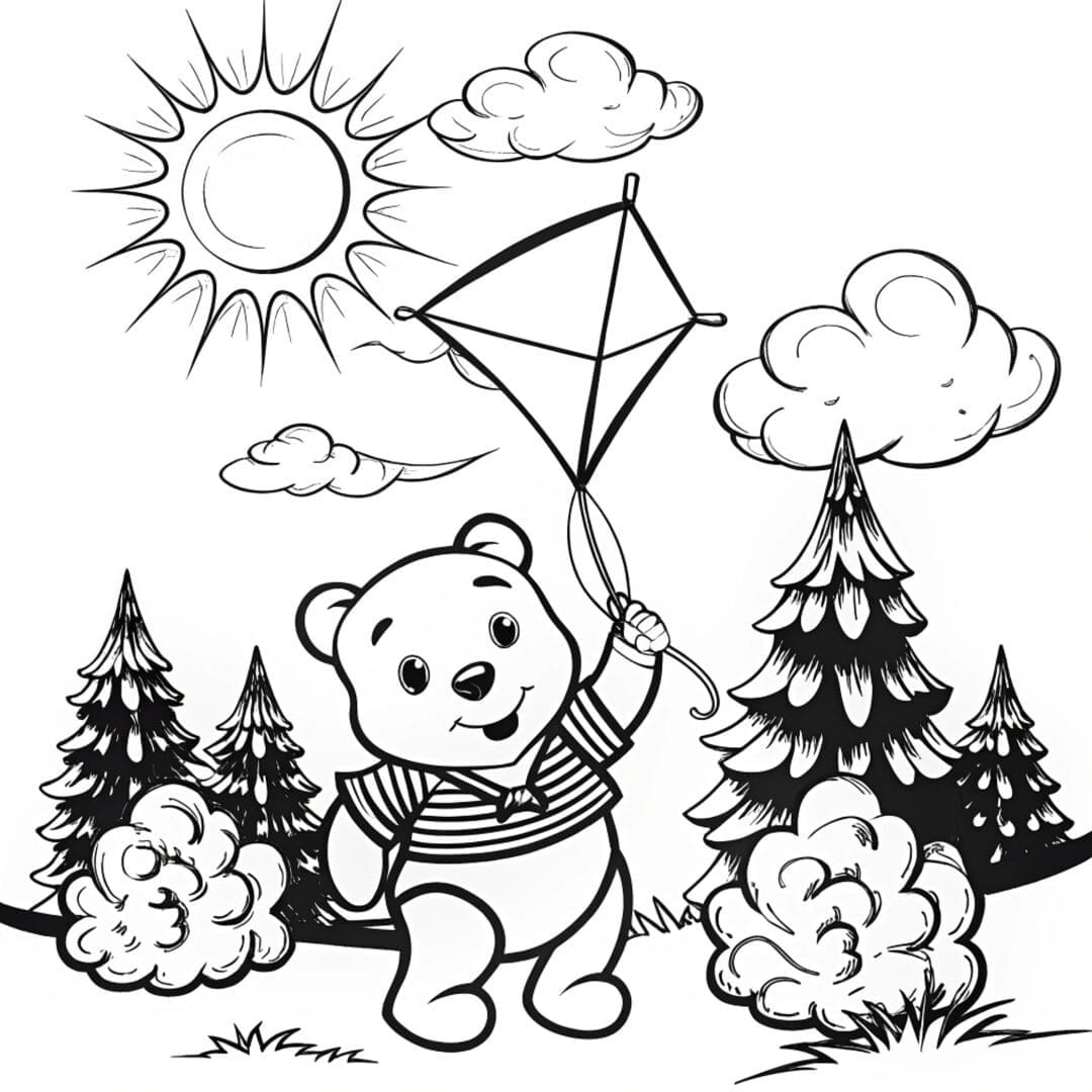 Bear Coloring Pages, pooh bear coloring page, Pooh Bear flying a kite in a sunny meadow