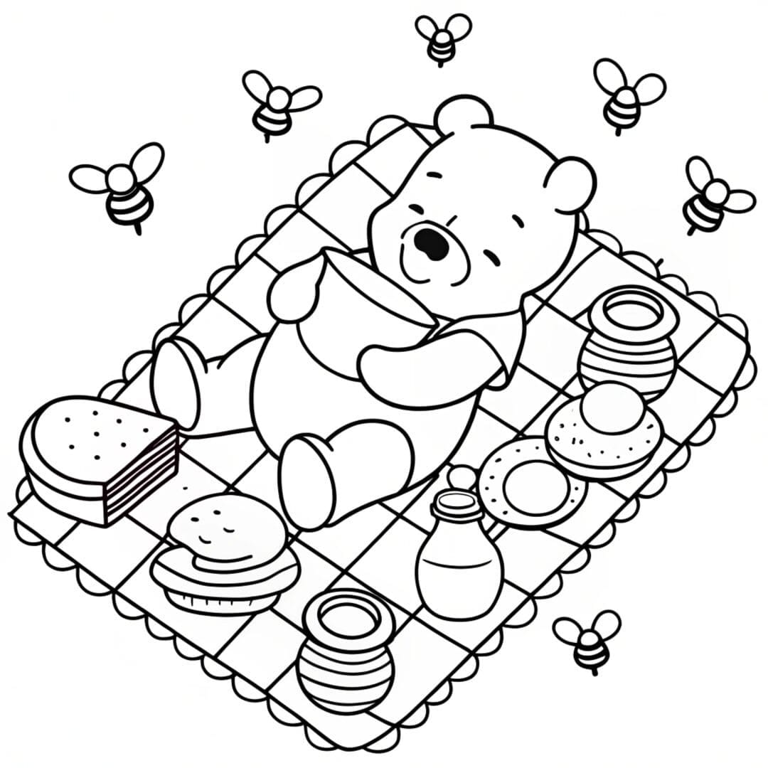 Bear Coloring Pages, pooh bear coloring page, Pooh Bear lounging on a picnic blanket surrounded by honey pots