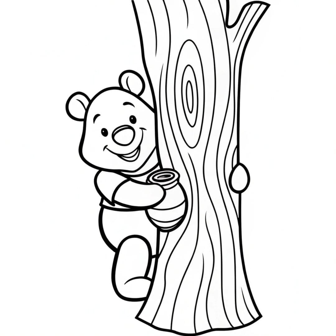 Bear Coloring Pages, pooh bear coloring page, Pooh Bear playing hide-and-seek behind a tree