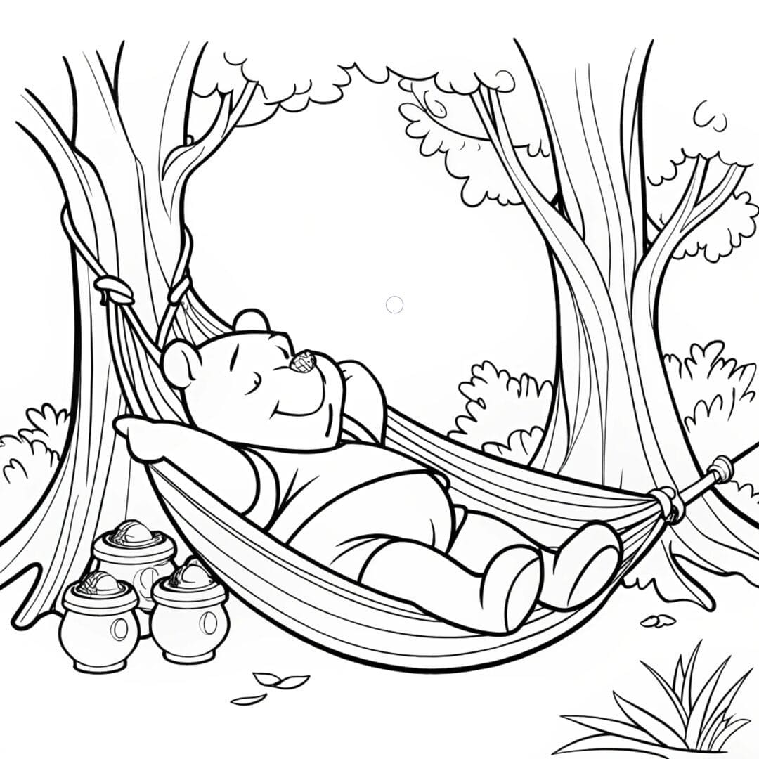 Bear Coloring Pages, pooh bear coloring page, Pooh Bear resting in a hammock tied between two trees