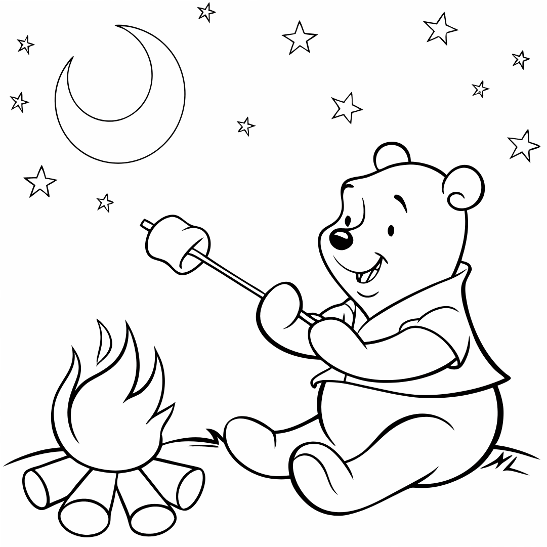 Bear Coloring Pages, pooh bear coloring page, Pooh Bear sitting by a campfire