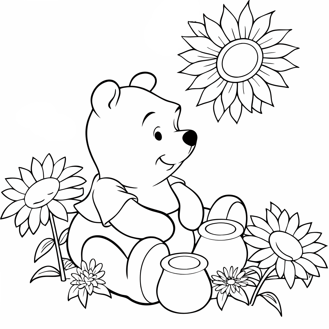 Bear Coloring Pages, pooh bear coloring page, Pooh Bear sitting in a garden