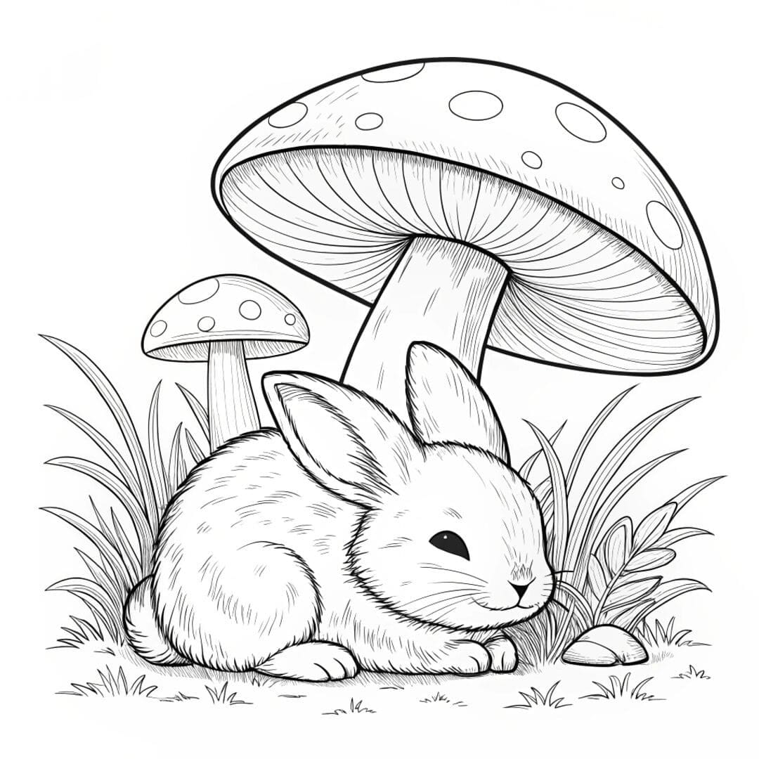 A baby bunny resting under a mushroom, realistic bunny coloring sheets