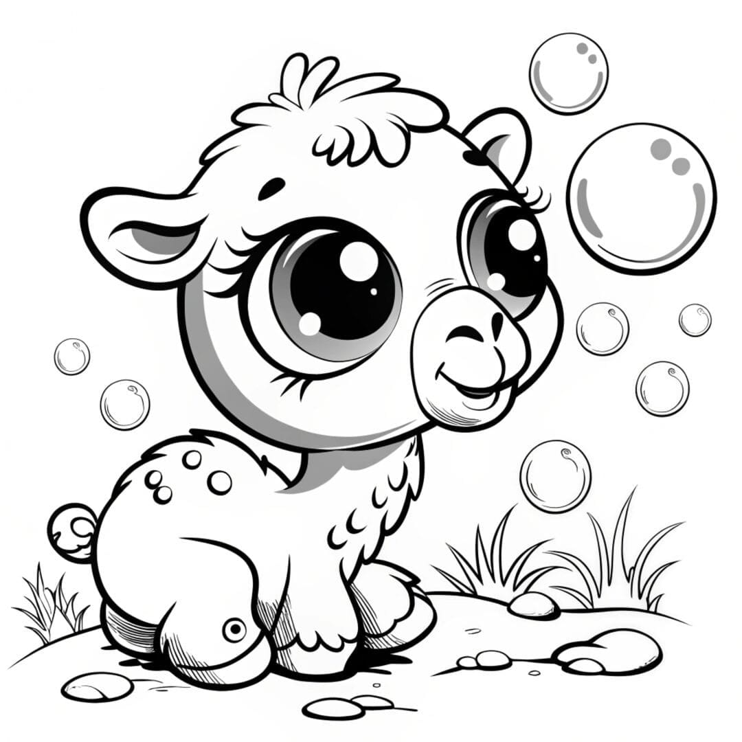 A baby camel blowing bubbles in the desert, cute and fun sketch, white background - coloring pages