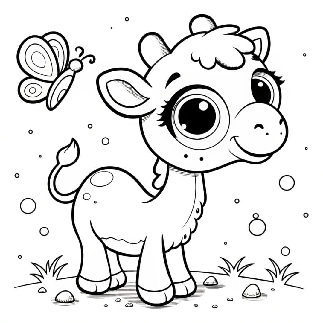 A baby camel playing with a butterfly in the desert, cartoonish outlines, white background - colouring Sheets
