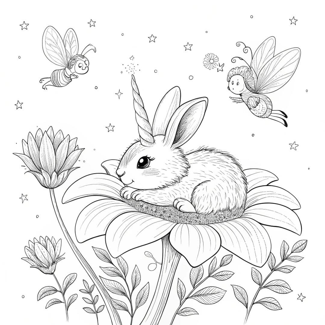 A baby unicorn bunny snuggled inside a flower, unicorn bunny coloring pages