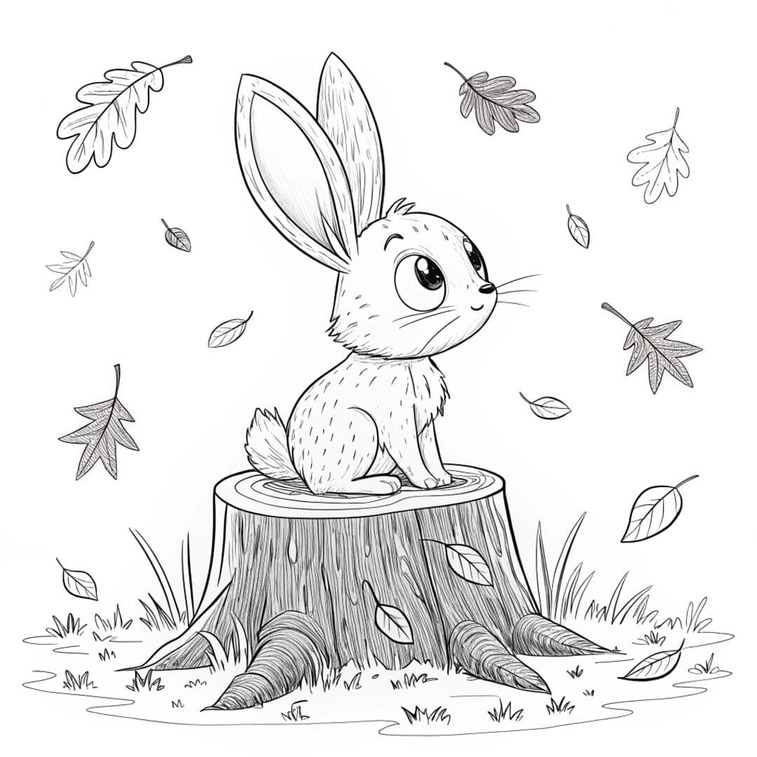 A bunny with big eyes, sitting on a tree stump, realistic bunny coloring sheets