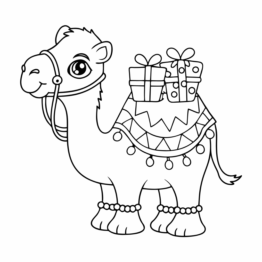 A camel carrying a stack of colorful presents, cute cartoon outline, white background - coloring pages