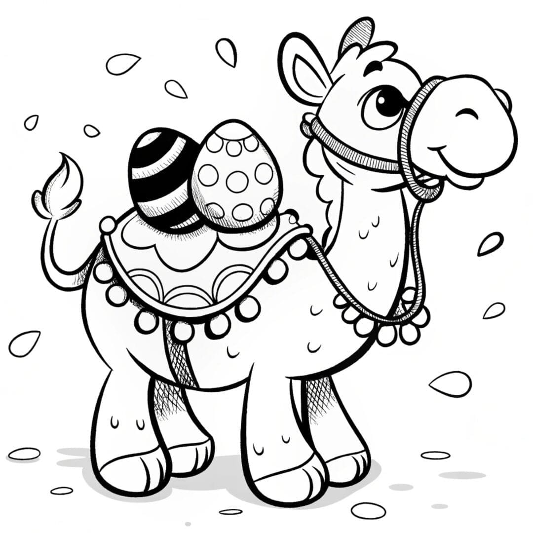 A camel carrying Easter eggs in its saddle, playful outline sketch, white background - coloring pages