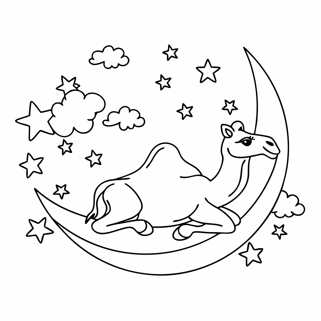 A camel lounging on a crescent moon surrounded by stars, whimsical line art, white background - coloring pages