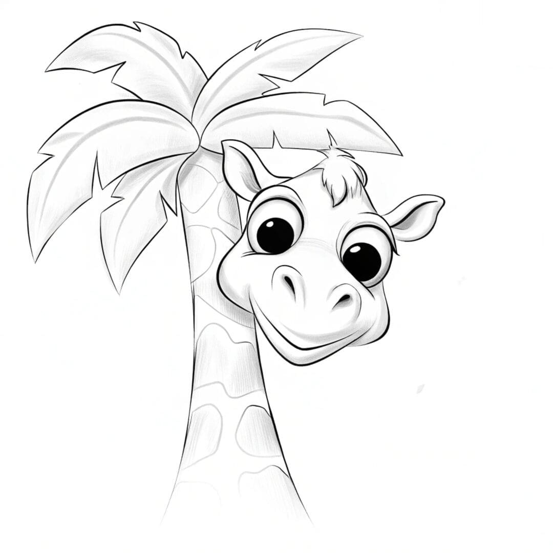 A camel peeking out from behind a palm tree, cartoon-style outline, white background - coloring pages