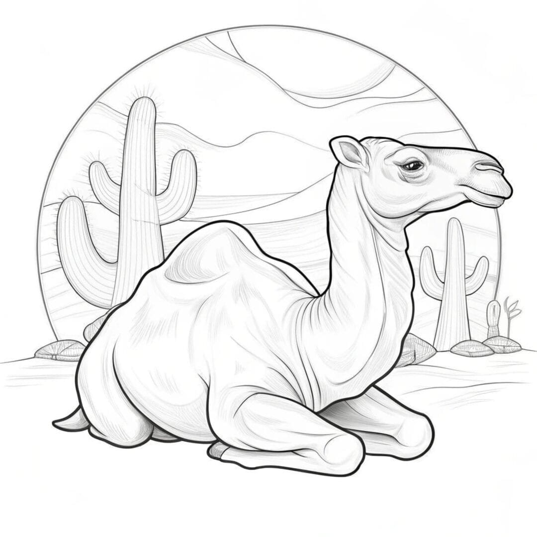 A camel resting next to a group of cacti under a desert sky, outlined for coloring, white background - coloring pages