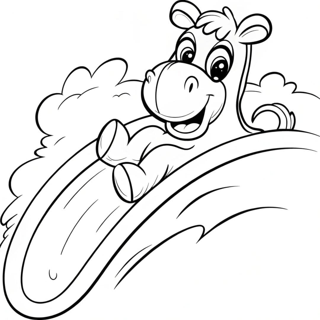 A camel sliding down a sand dune, playful cartoon outline, white background - coloring pages