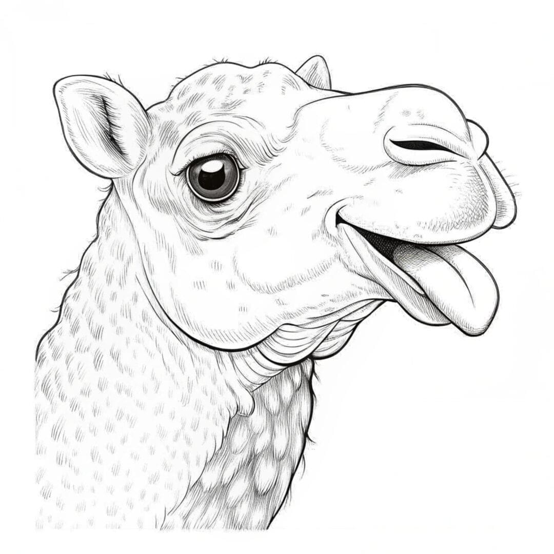 A camel smiling with its tongue sticking out, cartoon-style close-up, white background - coloring pages