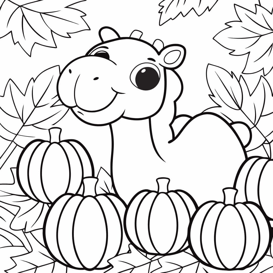 A camel surrounded by pumpkins and leaves for autumn, cartoon outline, white background - coloring pages