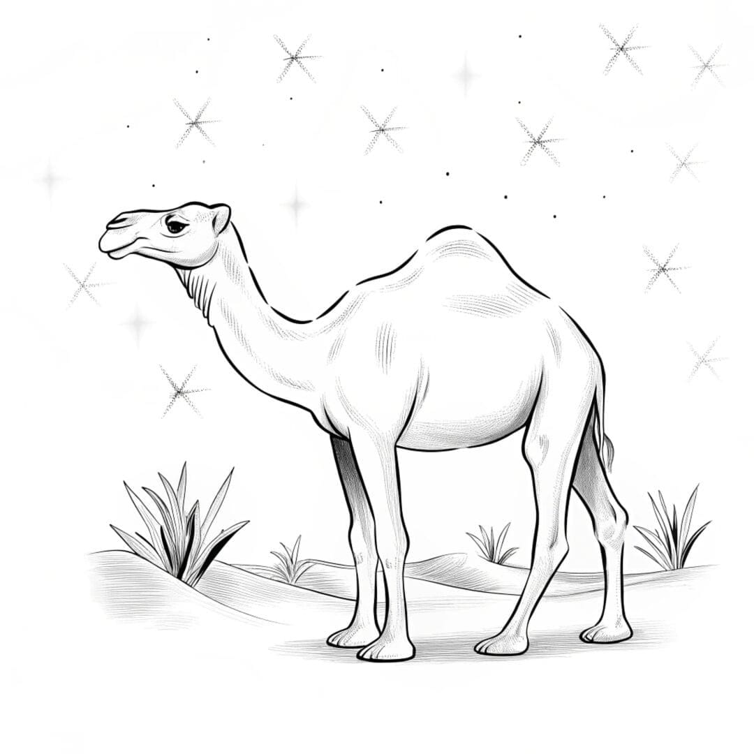 A camel under a starry night sky surrounded by desert plants, white background - coloring pages