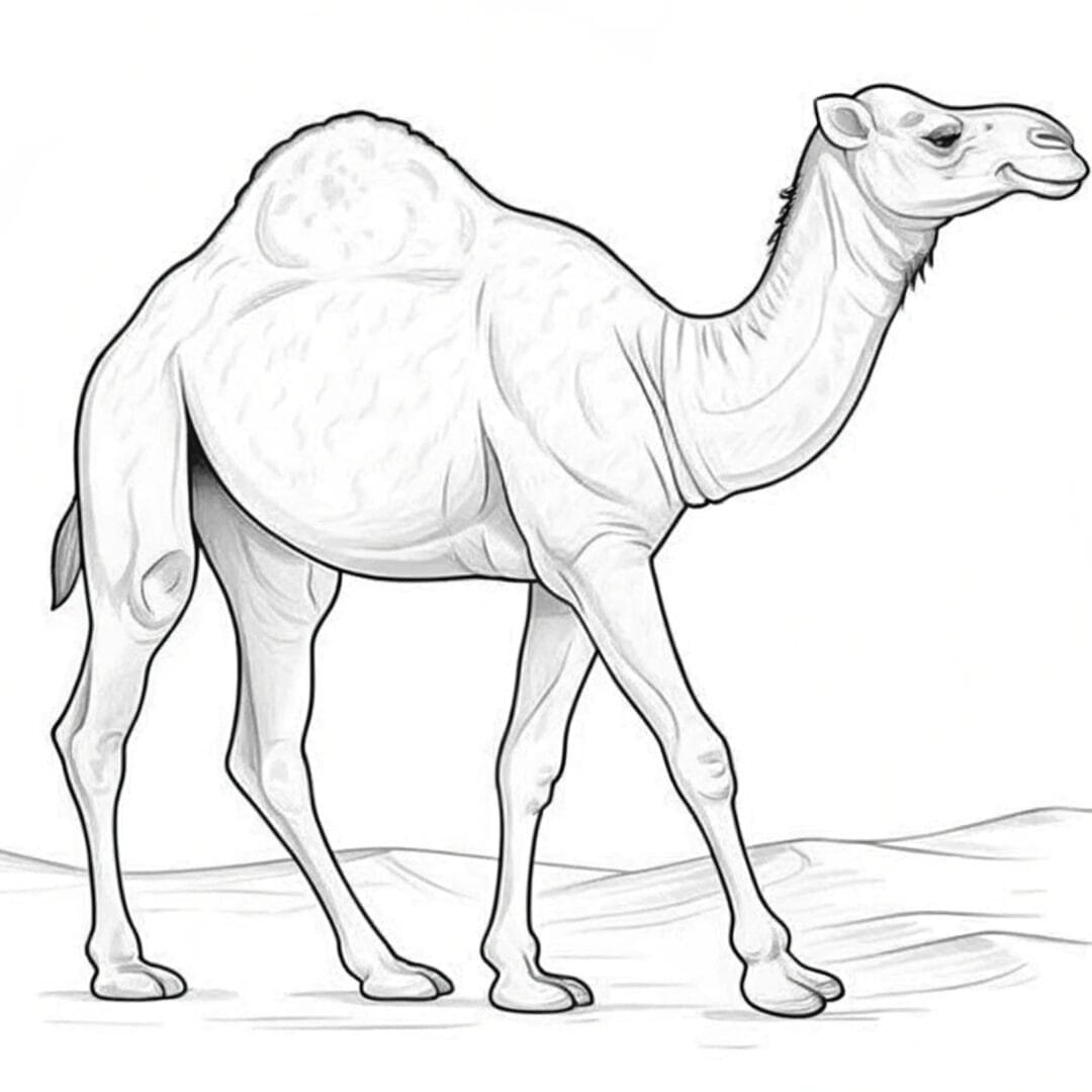 A camel viewed from above walking on sand dunes, outlined for coloring, white background - coloring pages