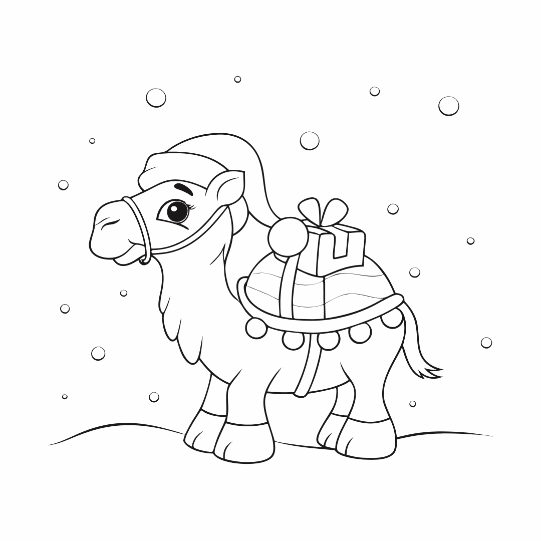 A camel wearing a Santa hat carrying gifts through the snow, outlined for coloring, white background - coloring pages