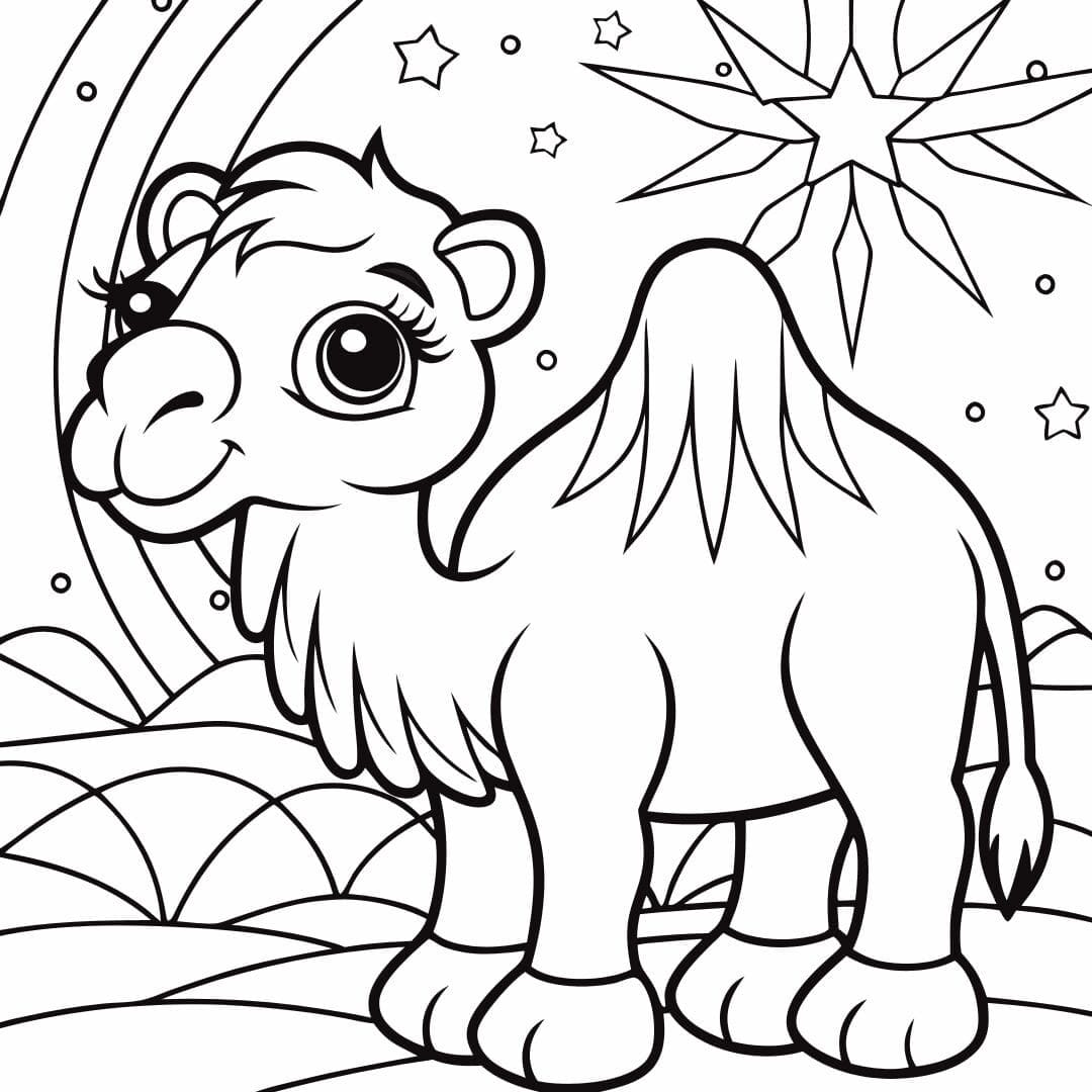 A camel with a glowing star on its forehead under a night sky, fantasy-style outlines, white background - coloring pages