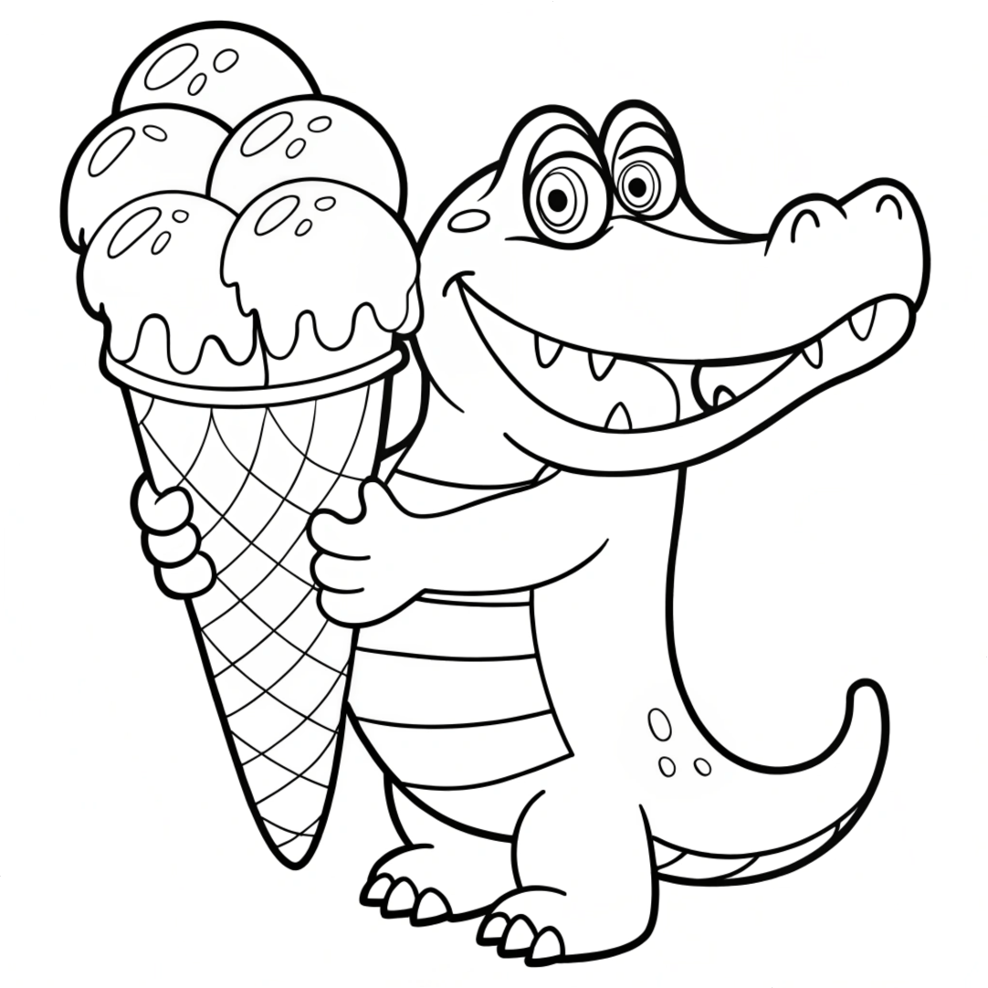 A cartoon alligator holding an oversized ice cream - Alligator Colouring Sheets